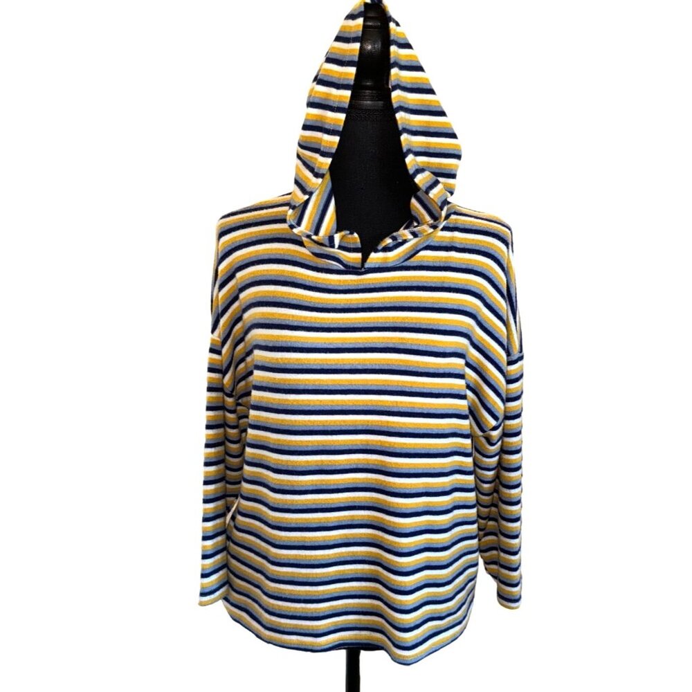 Poof New York Striped Yellow Blue Soft Knit Hoodie L Nautical Casual Travel Top